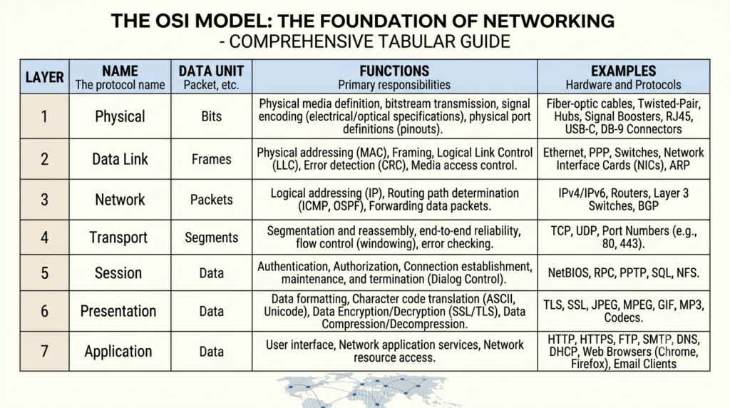 A comprehensive 7-layer OSI Model reference table displaying the layer numbers, protocol names, data units, primary functions, and hardware/protocol examples for networking.